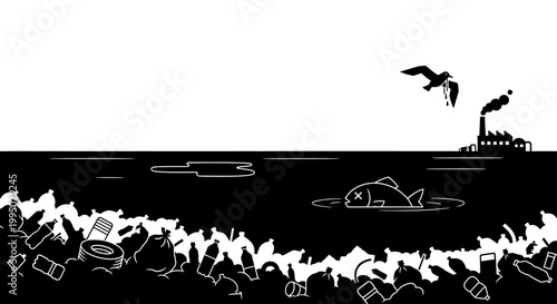 Pollution impacts marine life and the environment depicted in black and white