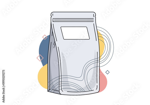 Clean white pouch product packaging vector graphic with simple abstract background elements