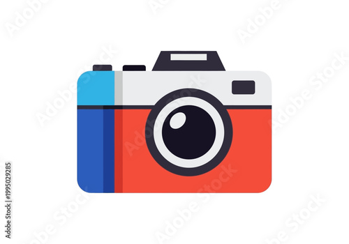 A simple flat design vector illustration of a retro camera with red and blue accents, perfect for photography concepts
