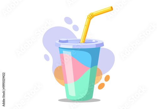 Colorful Cold Drink Vector with Straw and Abstract Shapes - Refreshing Beverage Illustration