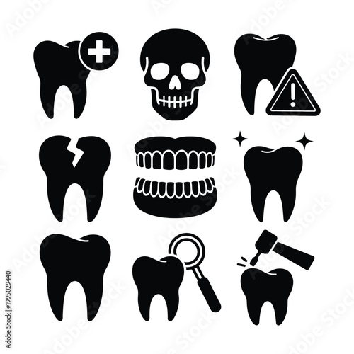 Dental Health Icons: Skull, Healthy, Cracked, and Damaged Teeth Concepts