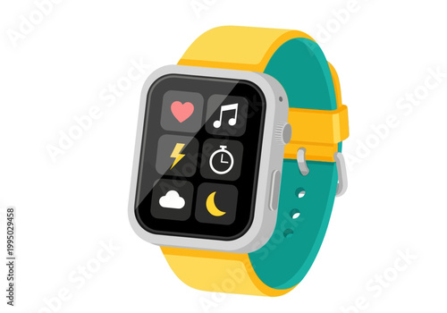 Smart Watch Gadget Vector Illustration with Fitness and Weather Icons on Screen