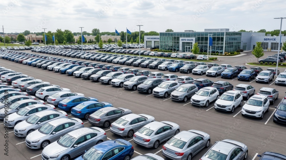Fototapeta premium New cars at a dealership neatly parked in rows, automotive retail inventory concept, clean vehicles, commercial showroom lot and consumer transportation theme, bright reflections and organized layout,
