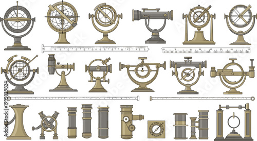 Antique scientific instruments vector set with astrolabe armillary sphere rulers and measuring devices for education history and engineering illustration