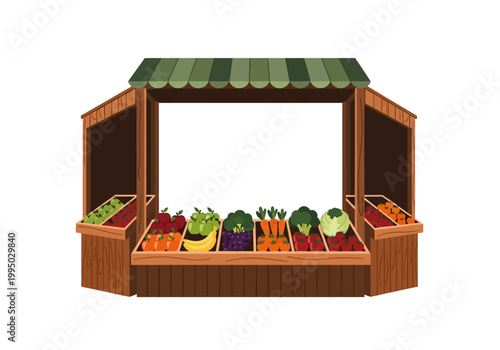 Fresh Produce Stand Vector Illustration, Wooden Stall with Colorful Fruits and Vegetables Displayed