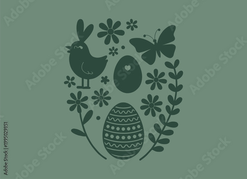Dark silhouette graphic of easter elements in oval shape with silhouette