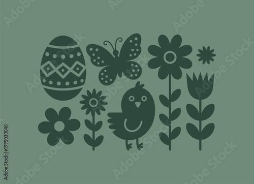 Stylized easter silhouette art with egg butterfly chick and floral elements