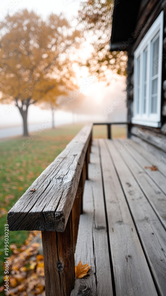 Fototapeta premium Autumn cabin porch enveloped in misty sunrise