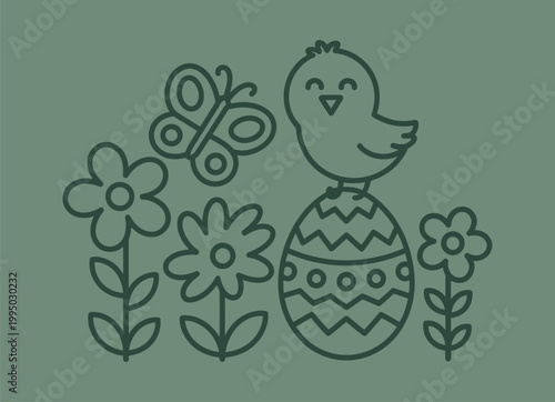 Simple line art easter design with chicken on egg, flowers and butterfly