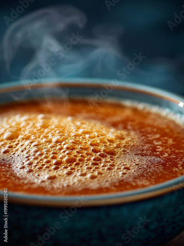 Hot steaming soup with bubbles in ceramic bowl