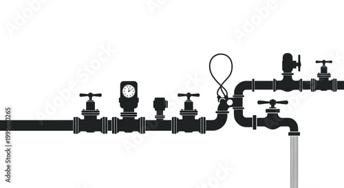 Black silhouette of industrial pipes valves and a clock