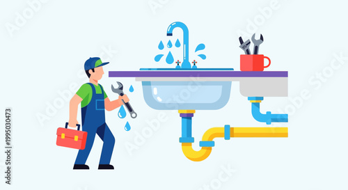 A plumber repairs a leaky faucet under a kitchen sink