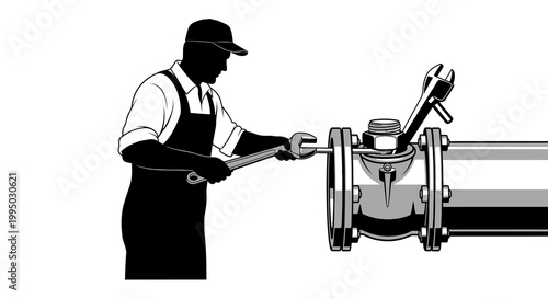 A worker uses wrenches to maintain and repair a large industrial pipe
