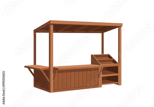 Wooden market stall with plants, vector illustration of a retail kiosk for flowers and plants