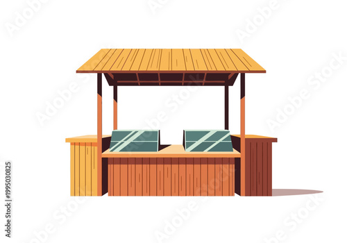 Vector illustration of a wooden market stall with display counters, perfect for showcasing flowers and produce