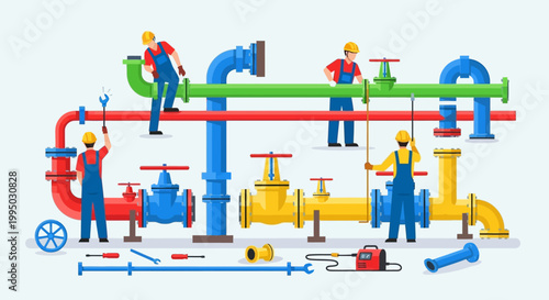 Construction workers installing and maintaining a complex network of industrial pipelines