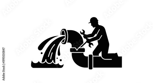 A worker repairs a broken pipe with water flowing out