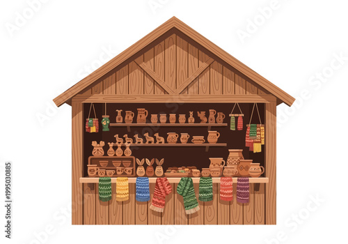 Wooden stall vector illustration with handcrafted items and colorful textiles