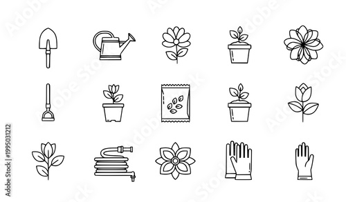 Monochrome gardening line icon set vector outline garden tools symbols
