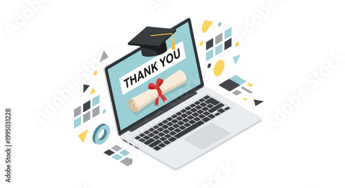Online Graduation Concept with Laptop, Mortarboard, Diploma and Thank You Message. Isometric Vector Illustration for E-learning Success, Course Completion, and Academic Achievement.