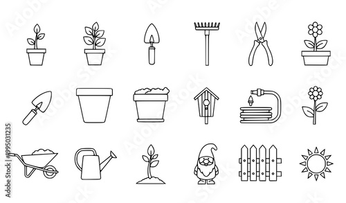 Gardening line icon vector set monochrome garden tools outline illustration