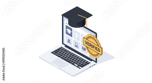 Isometric Online Education Illustration: Laptop with Graduation Cap and Verified Certification Seal. Concept for E-learning, Digital Diploma, and Academic Success.