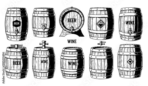 Vintage wooden barrel vector set beer wine storage cask illustration