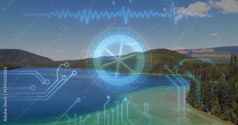 Fototapeta premium Displaying circular HUD overlaying clear blue lake at shore, with waveform grid and circuit traces