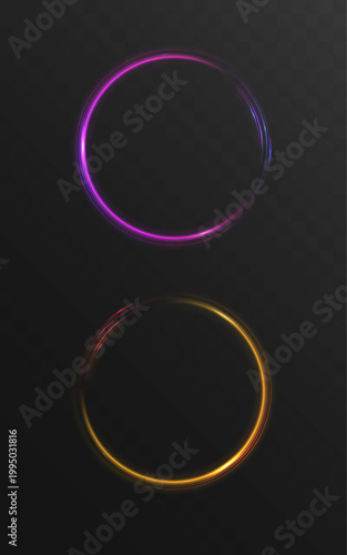 Set of abstract glowing neon rings on transparent background
