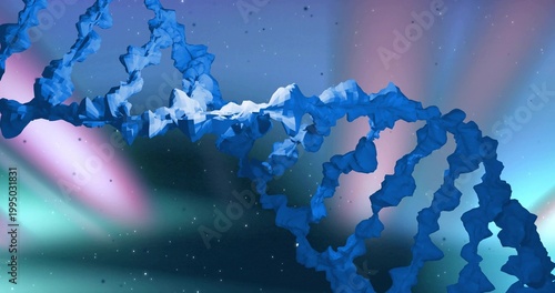 Twisting large blue DNA-like helical ribbon spanning cosmic space, with star field and nebula