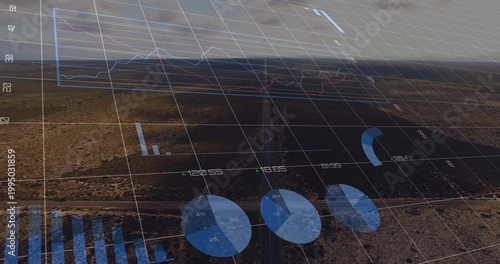 Showing aerial two-lane road running toward horizon across arid plain, displaying data overlay