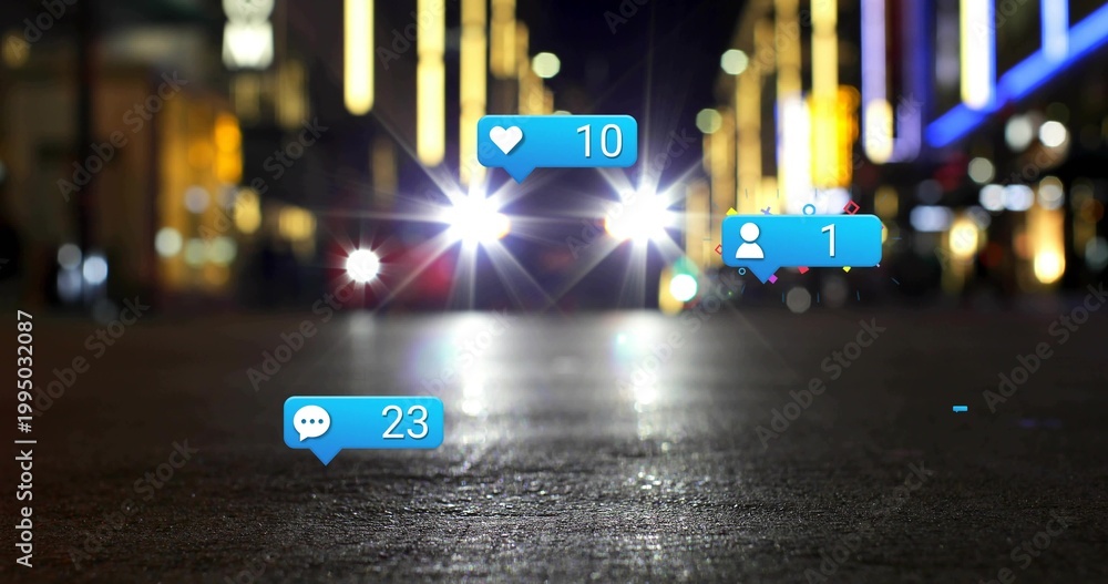 Fototapeta premium Shining car headlights creating lens flares over shiny pavement on urban street, with blue bubbles