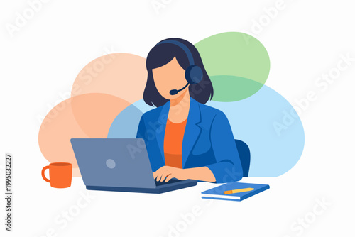 Female Customer Support Representative Working on Laptop with Headset