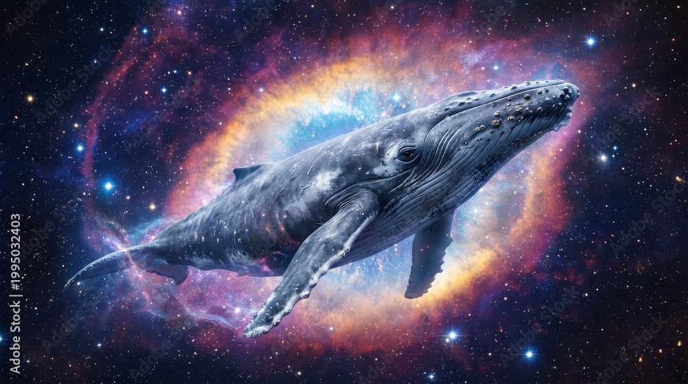 Fototapeta premium Majestic whale drifting in a cosmic nebula, surreal marine fantasy concept for imagination, spirituality and editorial storytelling themes, luminous stars and flowing celestial color create epic
