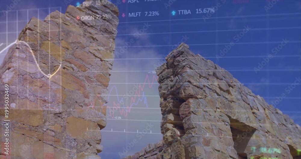 Fototapeta premium Displaying stone ruins merging with financial overlay in arid terrain, showing niche and rubble