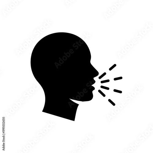Profile silhouette of head speaking with sound waves communication icon.