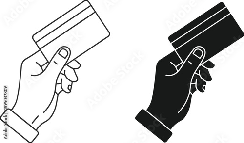 Hand holding card icon, credit debit payment symbol, black and white outline, financial transaction illustration, banking concept design