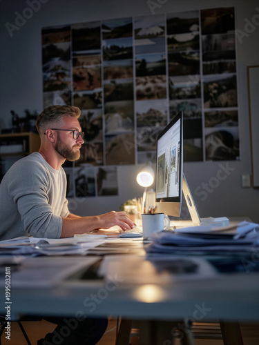 A man working at a desk in a creative workspace with a large mood board in the background.