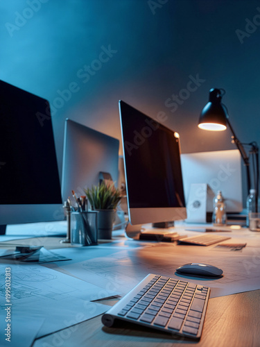 A wide shot of a designer's desk with multiple monitors and a lamp