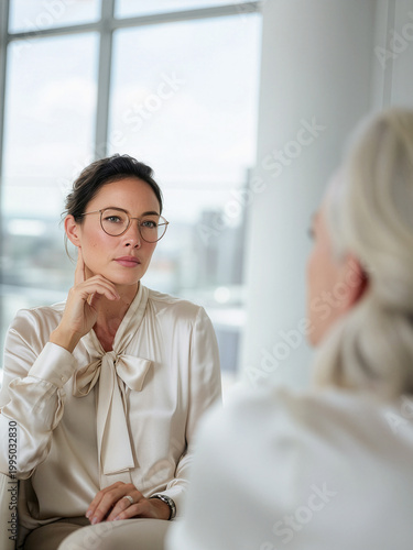 A woman in a modern office interior listening attentively to another woman.