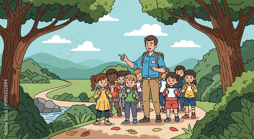 A friendly teacher leads a group of happy children on an outdoor adventure.