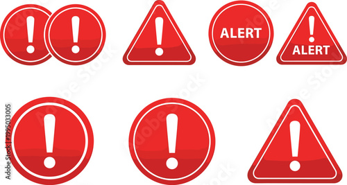 Alert warning icons, red exclamation mark symbols, caution safety design, triangle circle outline illustration, emergency attention concept