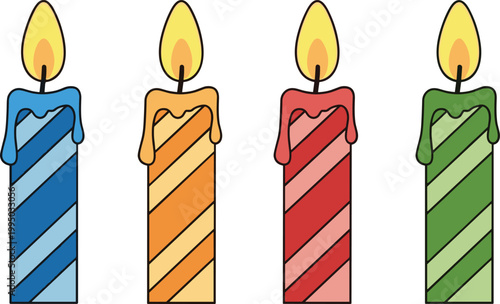 Colorful striped candles illustration, festive celebration design, birthday party decoration, holiday candlelight graphic, vibrant wax candles artwork