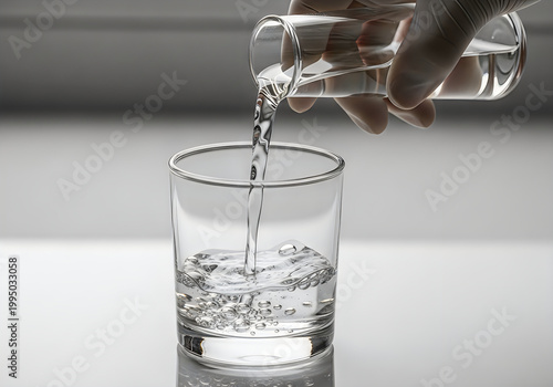Hand pouring clear liquid from beaker into glass.