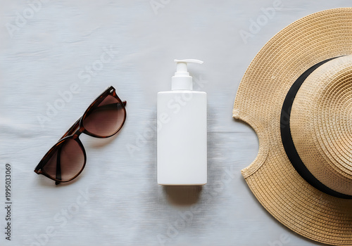 Sun hat sunglasses and lotion bottle flat lay.
