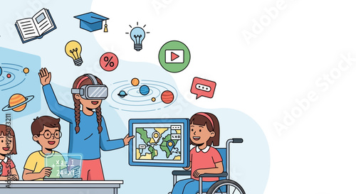 Children experiencing virtual reality education with diverse students.
