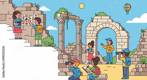 Children exploring ancient ruins on a sunny day.