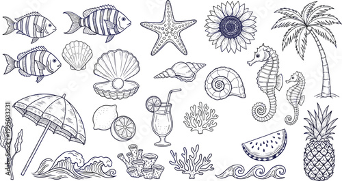 Beach and summer sketch illustration set, hand‑drawn blue ink outlines, fish, starfish, seashells, palm tree, seahorses, cocktail glass, watermelon slice, pineapple, sunflower, coral, umbrella with be