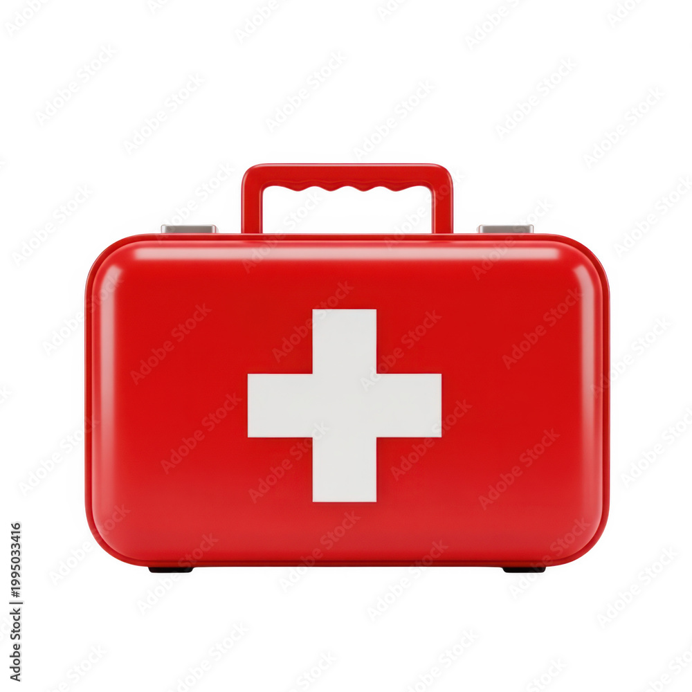 Fototapeta premium A red first aid kit with a white cross symbol on the front isolated on transparent background