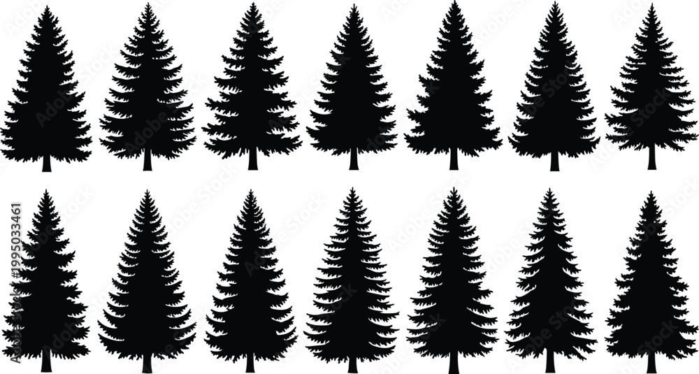 Obraz premium Evergreen tree pattern illustration, black silhouettes of pine and fir trees, symmetrical arrangement, natural forest design, outdoor nature artwork, decorative woodland icon, triangular tree shapes,